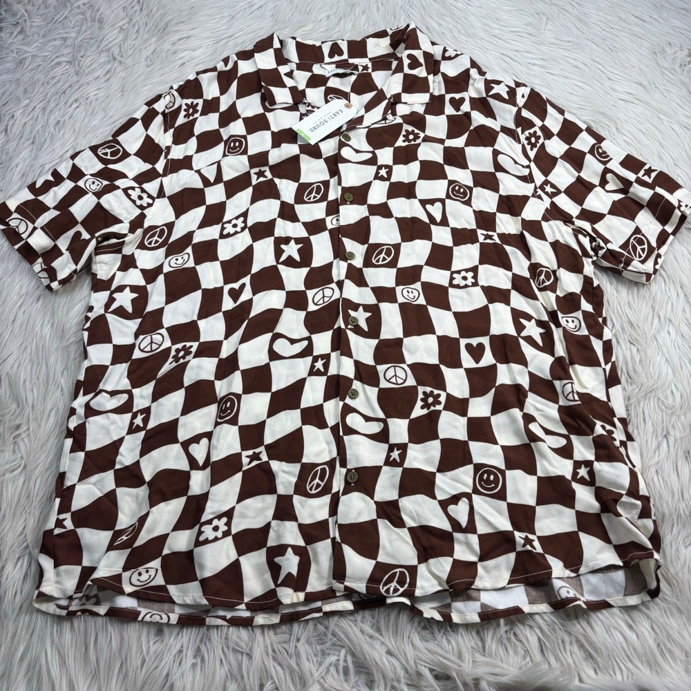 NWT Earthbound Men's Unisex XL Brown Wavy Checkered Button Camp Shirt Artsy